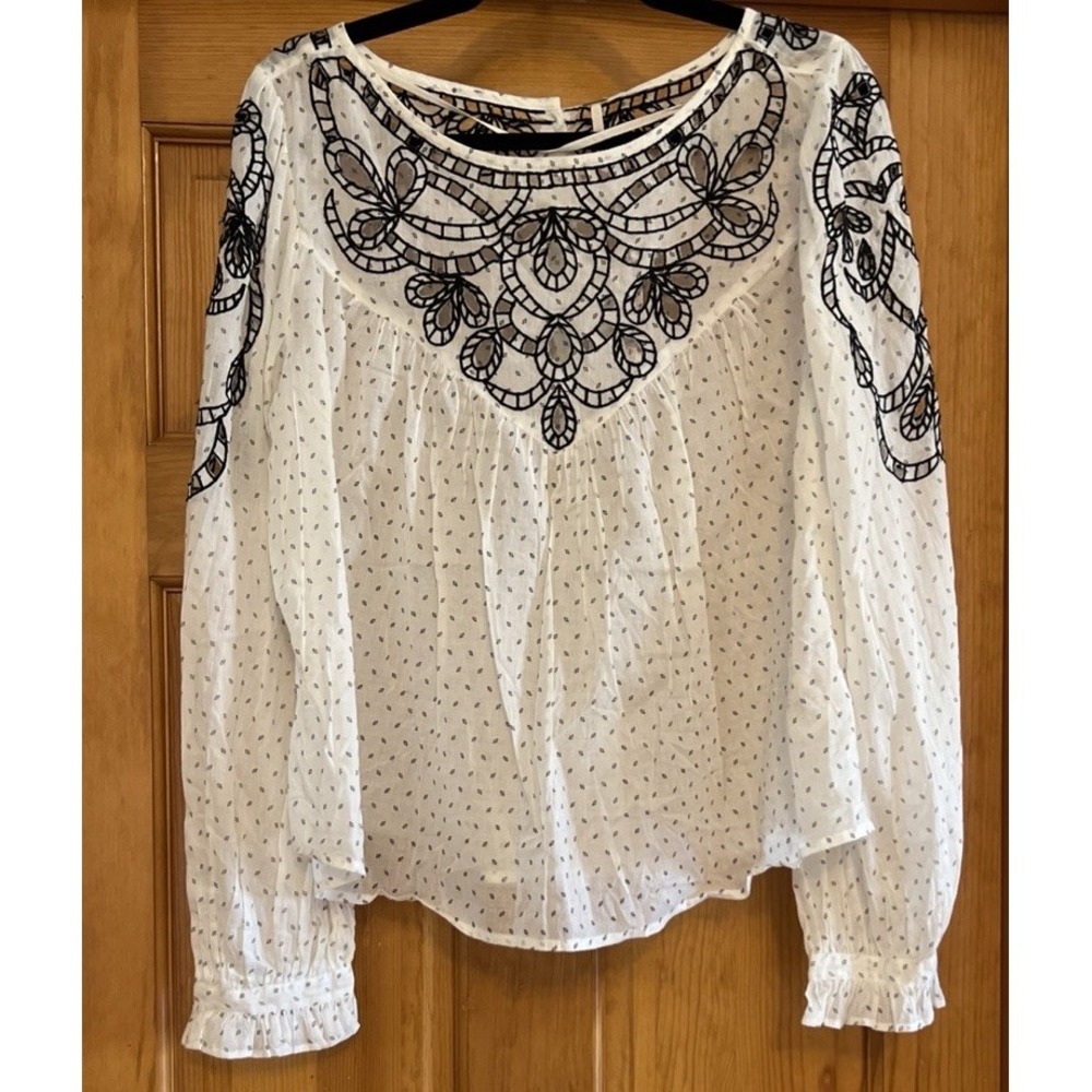 Free People Ivory with Black Embroidered Long Sleeve Tunic Blouse Sz Large